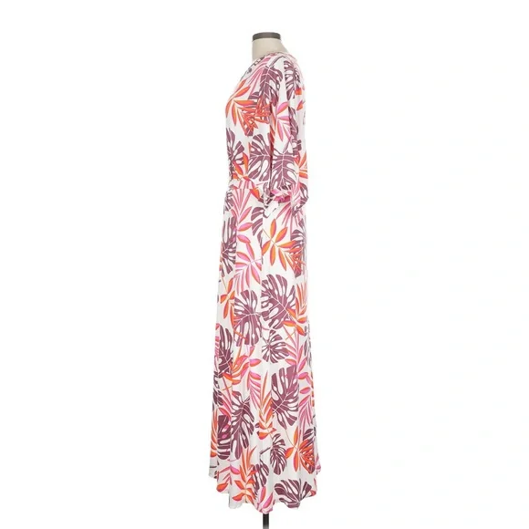 G by Giuliana Pink & Orange Stretchy Tropical Leaf Print Maxi Caftan Dress Large - Picture 5 of 7
